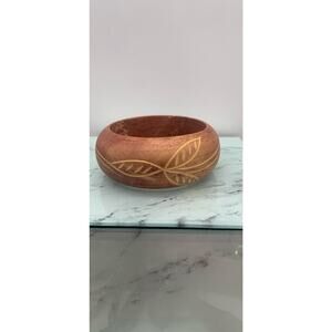 Vintage Rustic Thick Wooden Boho Domed Wooden Etched Leaves Bangle Bracelet